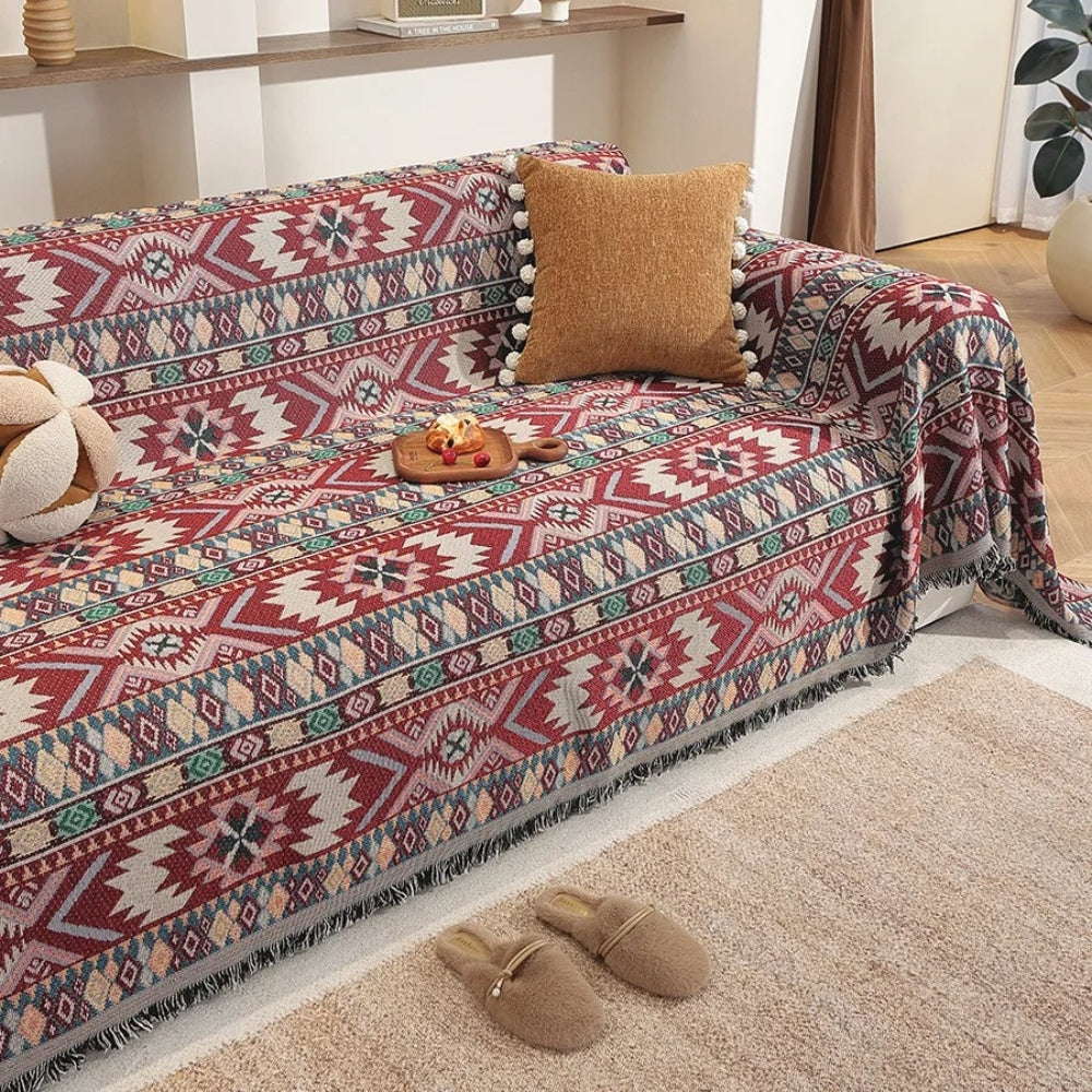 Zarela Sofa Cover - Boho Jacquard Microfiber with Tassel Edges