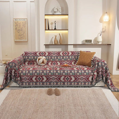 Ortekor Zarela | Boho Chenille Sofa Cover with Jacquard Design & Tassel Edges | Stylish Protection for Home Decor