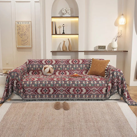 Zarela Sofa Cover - Boho Jacquard Microfiber with Tassel Edges