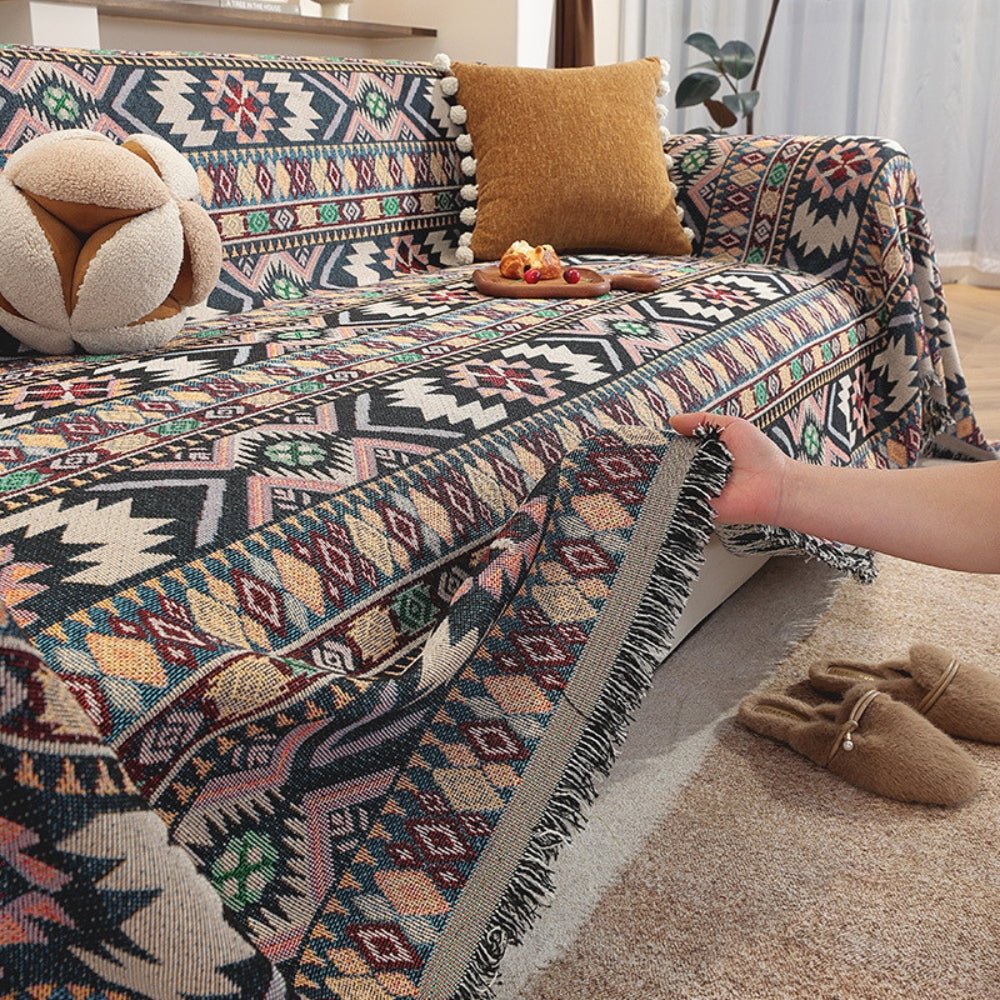 Zarela Sofa Cover - Boho Jacquard Microfiber with Tassel Edges
