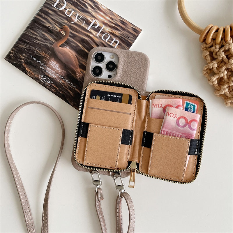 iPhone Wallet Case with Detachable Crossbody Strap & Card Holder – Hands-Free Phone Pouch for Women & Men – Vegan Leather Cover with