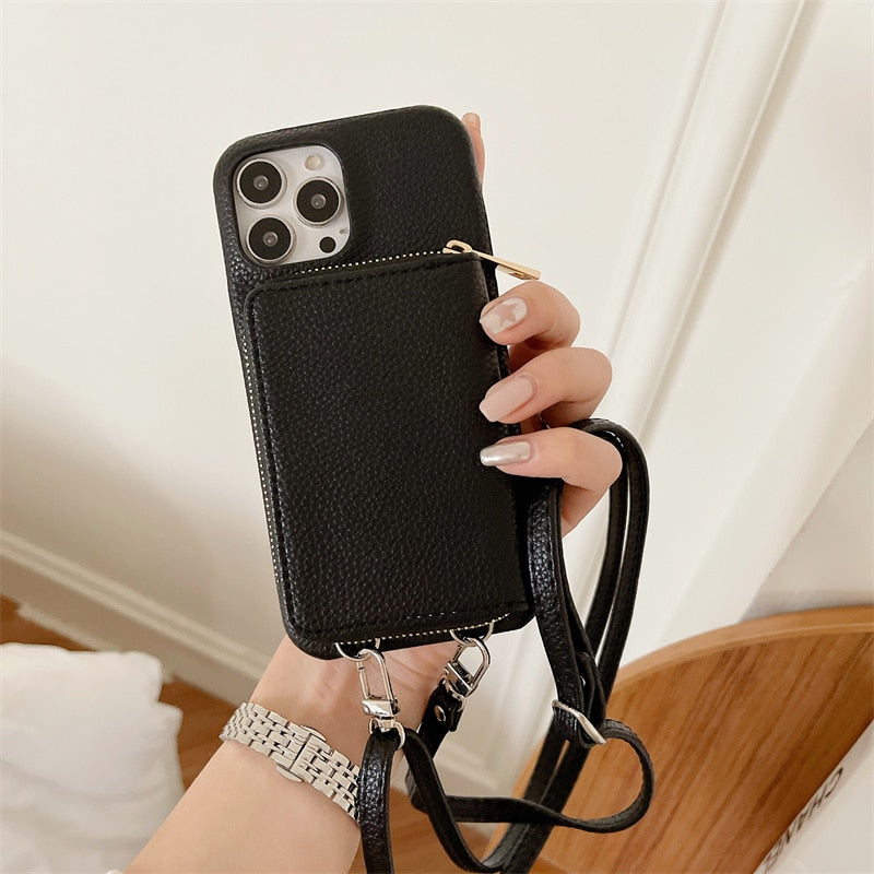 iPhone Wallet Case with Detachable Crossbody Strap & Card Holder – Hands-Free Phone Pouch for Women & Men – Vegan Leather Cover with