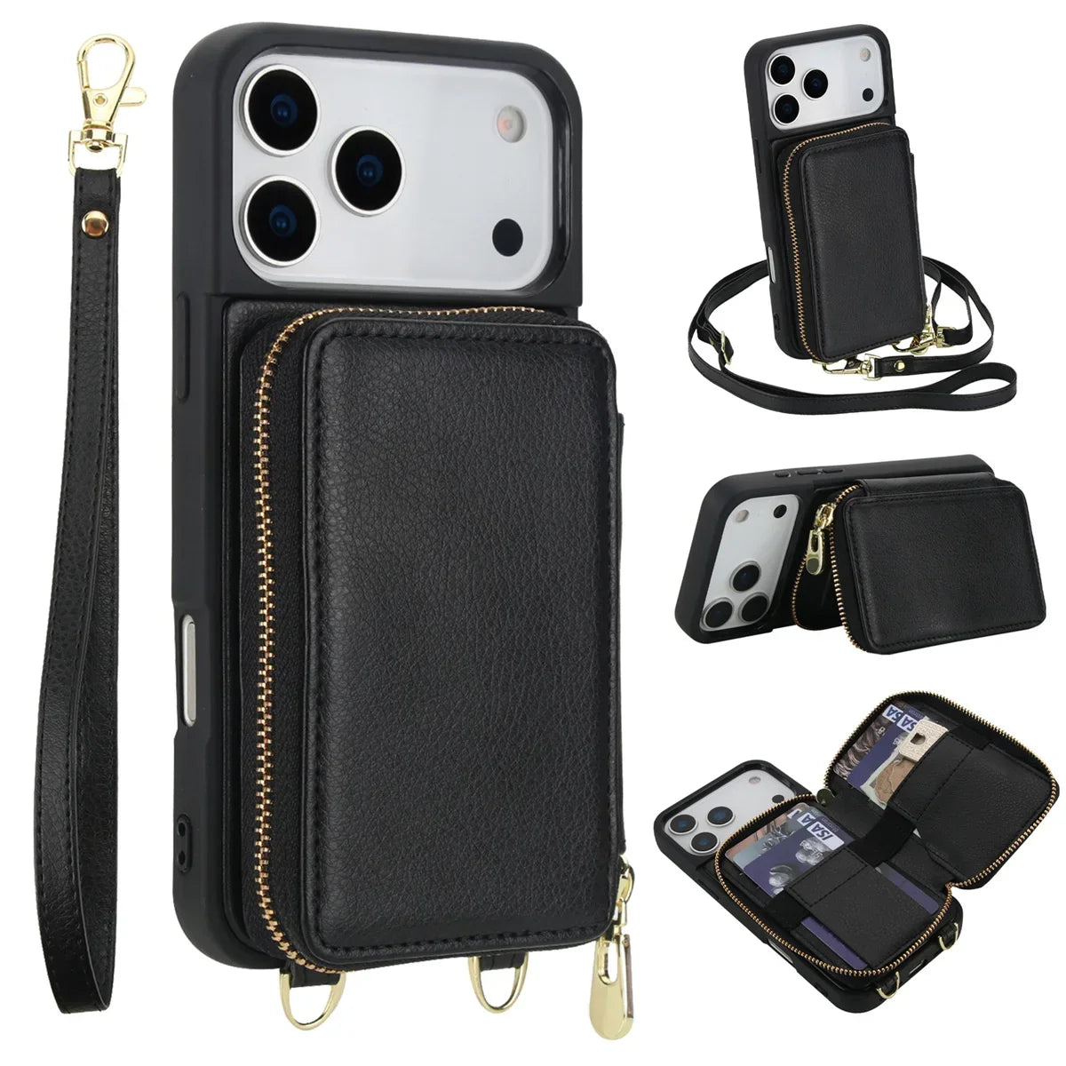 iPhone Wallet Case with Detachable Crossbody Strap & Card Holder – Hands-Free Phone Pouch for Women & Men – Vegan Leather Cover with