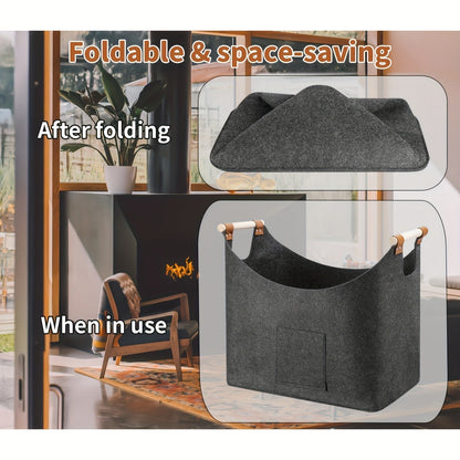 Collapsible Firewood Basket with Wooden Handles – 14.5 Gallon Felt Log Carrier for Living Room & Fireplace – Dark Gray Storage Bin