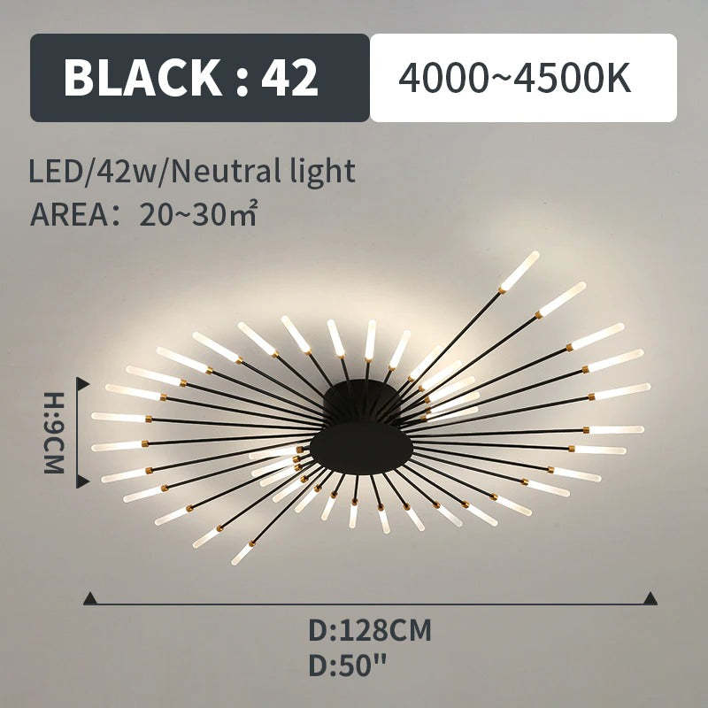 Starburst Flush Mount Ceiling Light Black Gold Modern Firework LED Fixture Bedroom Living Room Natural White Hardwired Indoor