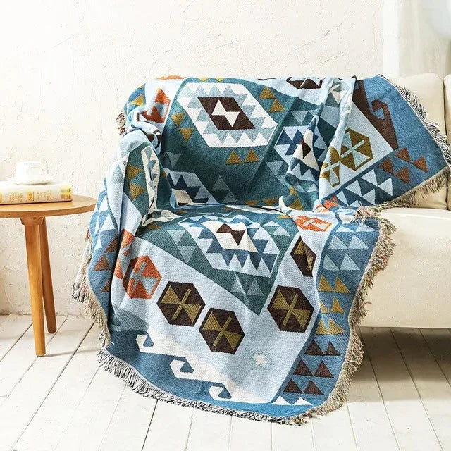 Jacquard Woven Accent Blanket with Fringe for Couch Bed Chair 51x63 in 63x87 in Multicolor Cotton Poly Blend Bohemian Home Decor
