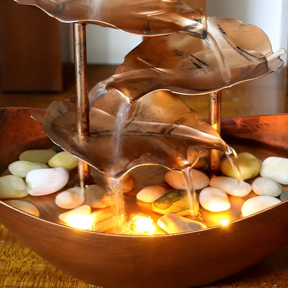 Tavren Tabletop Fountain - Iron Leaf Design with LED Light, Indoor Waterfall
