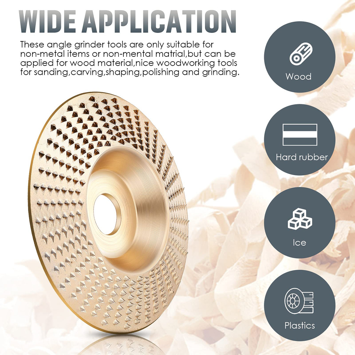 Carbide Abrasive Disc Set for Angle Grinders Gold 3-Piece Wood Shaping Kit Flat Bevel Arc 4 Inch for Woodworking Carving Sanding