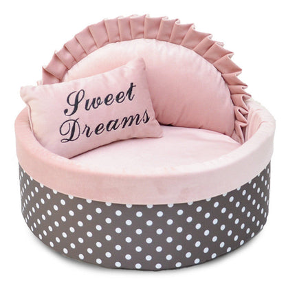 Dog Bed, Cat Bed with Soft Sponge Filling and Polka Dot Cover, Round Pet Bed for Small Cats and Dogs