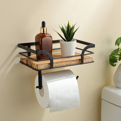 Metal & Wood Bathroom Tissue Dispenser Shelf 7.9 Inches Wall Mount Organizer Powder Room Storage Rack Home Essentials Holder for Small Space