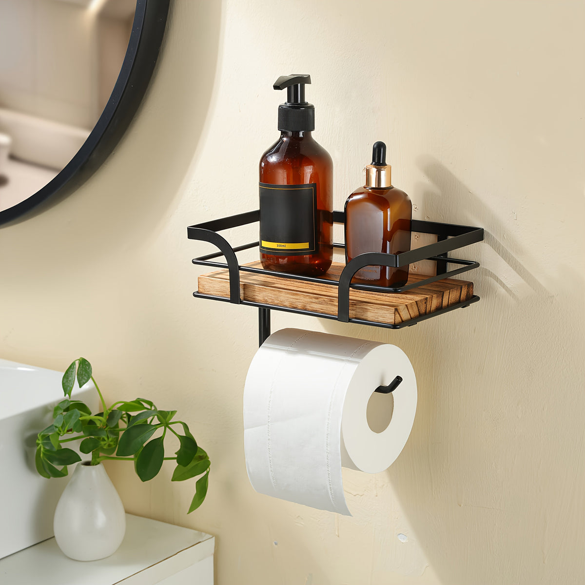 Metal & Wood Bathroom Tissue Dispenser Shelf 7.9 Inches Wall Mount Organizer Powder Room Storage Rack Home Essentials Holder for Small Space
