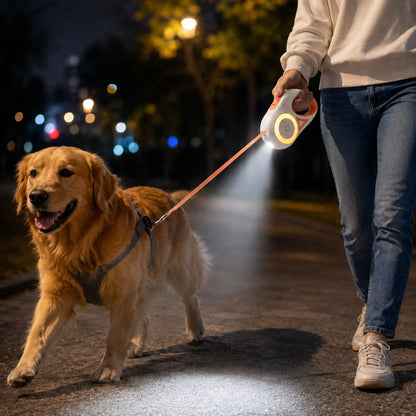 Ortekor LED Retractable Dog Leash for Night Walks - Light-Up Dog Leash with Built-In Spotlight, RGB Side Glow & One-Touch Brake for Safer Evening Walks