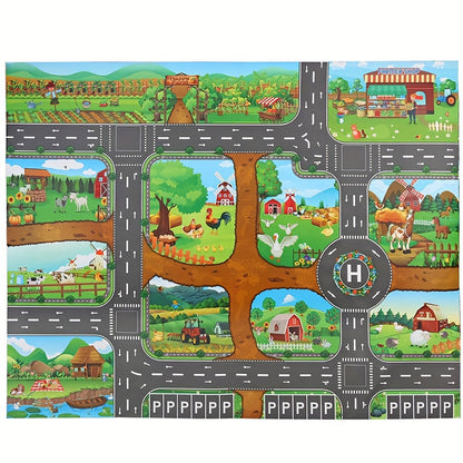 Kids Farm Road Play Rug 39 × 51 Inches Non-Slip Woven Floor Mat for Toddler Pretend Play Vehicle Track Nursery Decor