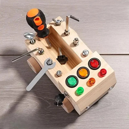 Interactive Wooden Activity Panel with LED Traffic Lights for Kids Ages 3-12 Years Sensory Learning Toy Develops Hand-Eye Coordination