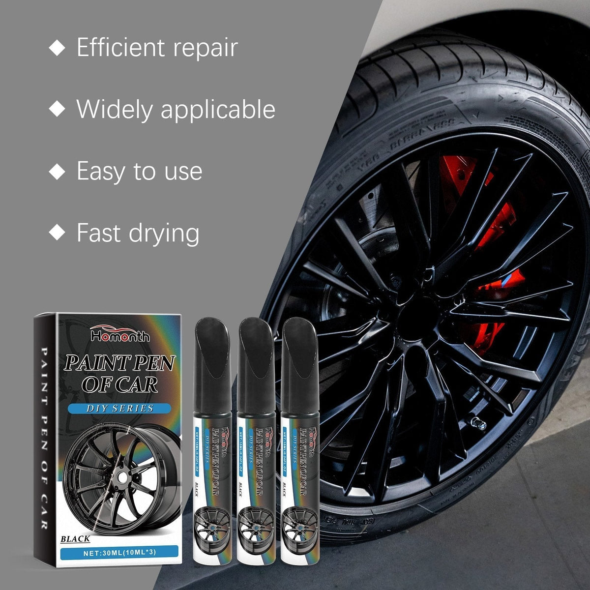 Wheel Touch-Up Paint Pen Set – 3-Pack Black Finish Scratch Repair for Rims & Alloys