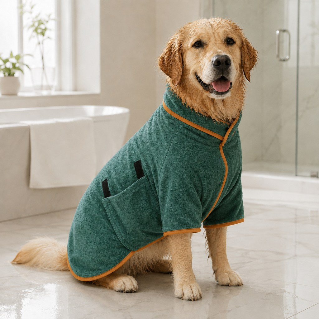 Ortekor Quick-Dry Microfiber Dog Bathrobe – Absorbent Drying Coat for Baths, Rain & Swimming to Help Reduce Wet-Dog Mess
