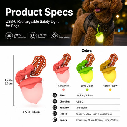 Ortekor AcornGlow USB-C Rechargeable Pet Safety Light for Night Walks - Clip-On Acorn LED Charm for Collars, Harnesses & Leashes to Help Dogs Stay Visible After Dark