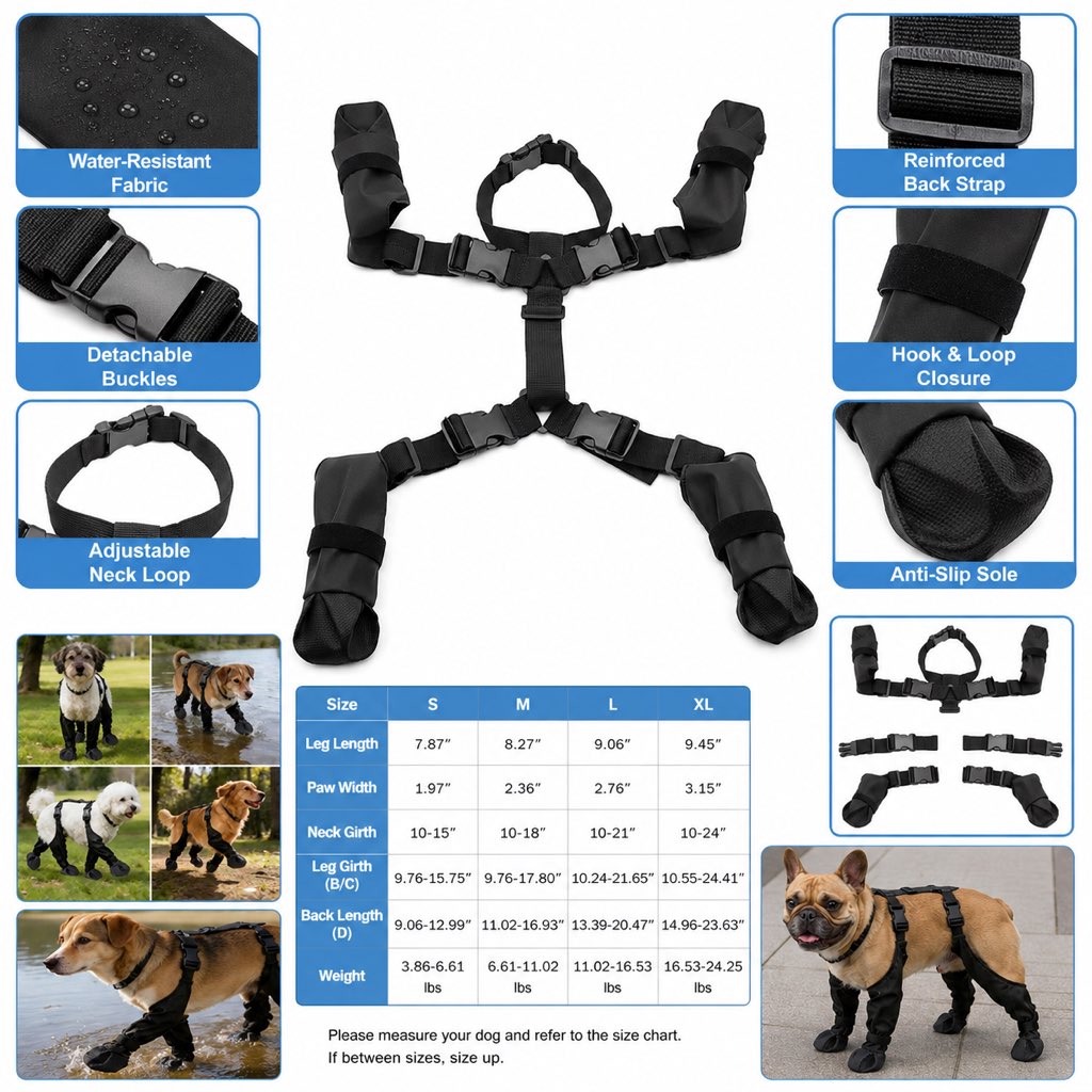 Ortekor Stay-On Waterproof Dog Walking Boots for Rain, Mud & Hot Pavement - Anti-Slip Paw Protection Suit