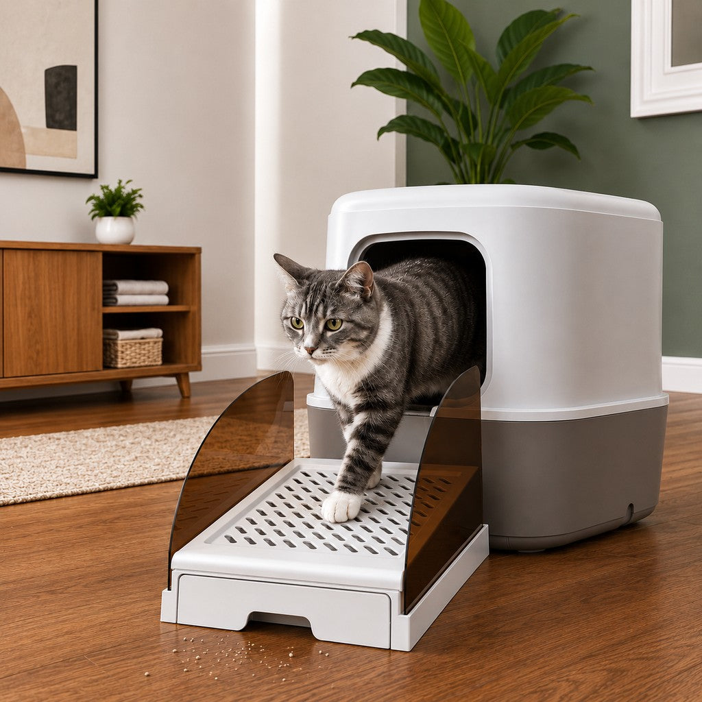 Ortekor Adjustable Cat Litter Box Step with Pull-Out Tray for Cleaner Floors