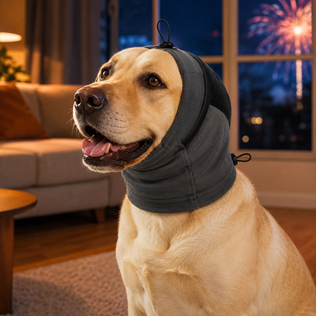 Ortekor Adjustable Dog Calming Hoodie Ear Wrap for Fireworks, Thunderstorms & Grooming - Helps Soften Sudden Sounds with a Secure Fit