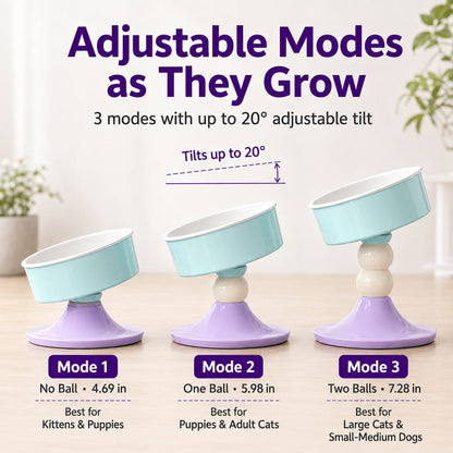 Ortekor Adjustable Elevated Pet Bowl for Cats & Small Dogs - 3 Height Modes for Comfortable Feeding