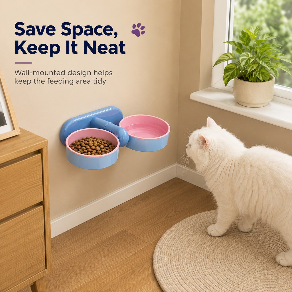 Ortekor Adjustable Elevated Pet Bowl for Cats & Small Dogs - Space-Saving Wall-Mount or Freestanding Feeder for Cleaner Mealtimes