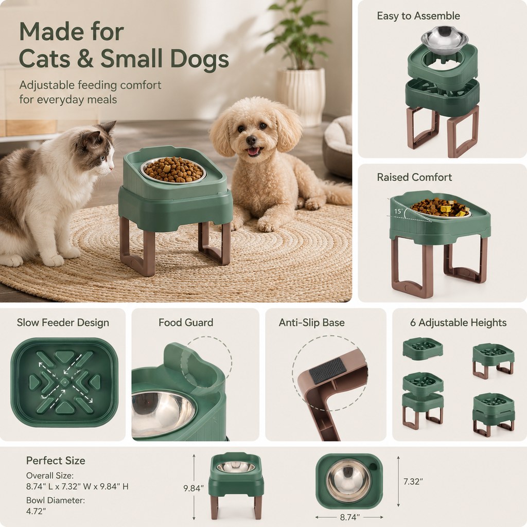 Ortekor Adjustable Elevated Slow Feeder Pet Bowl for Cats & Small Dogs - Less Mess, Slower Meals & Easy Cleaning