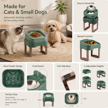 Ortekor Adjustable Elevated Slow Feeder Pet Bowl for Cats & Small Dogs - Less Mess, Slower Meals & Easy Cleaning