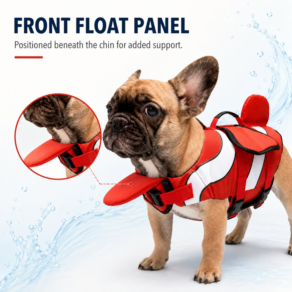 Ortekor French Bulldog Life Jacket for Pool, Beach & Boating - Adjustable Flotation Vest with Chin Support & Grab Handle