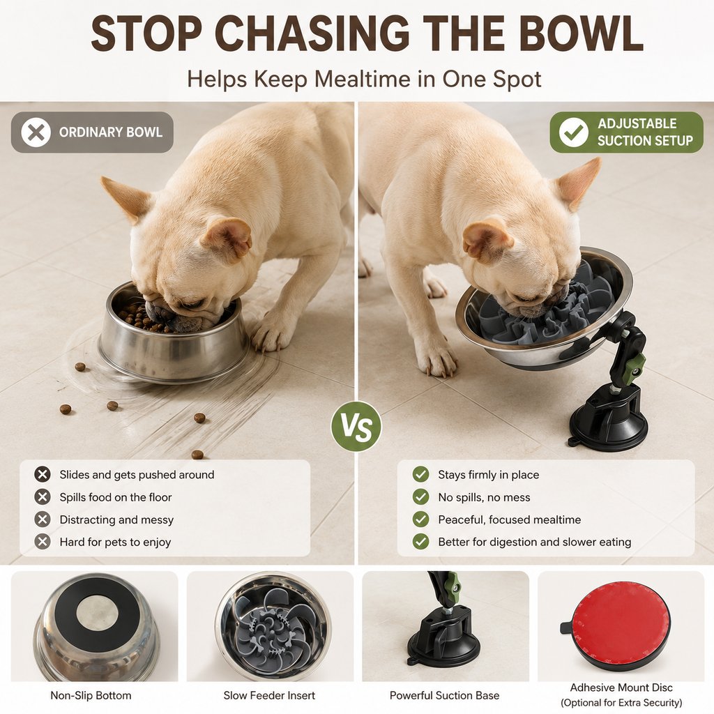 Ortekor Adjustable Suction-Mount Slow Feeder Bowl for French Bulldogs, Cats & Small-to-Medium Dogs - Floor or Vertical Setup Helps Reduce Sliding