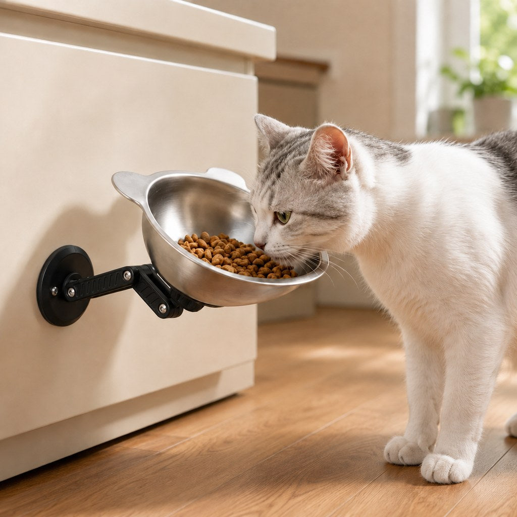 Ortekor Adjustable Wall-Mounted Pet Bowl for Cats & Small Dogs - Space-Saving Magnetic Stainless Steel Bowl