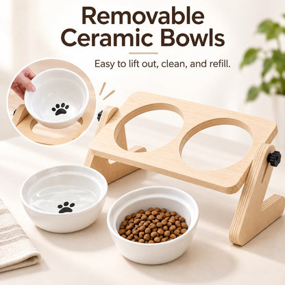 Ortekor Adjustable Wooden Elevated Pet Feeder with Double Ceramic Bowls for Cats & Small Dogs - Comfortable Feeding Station for Home Use