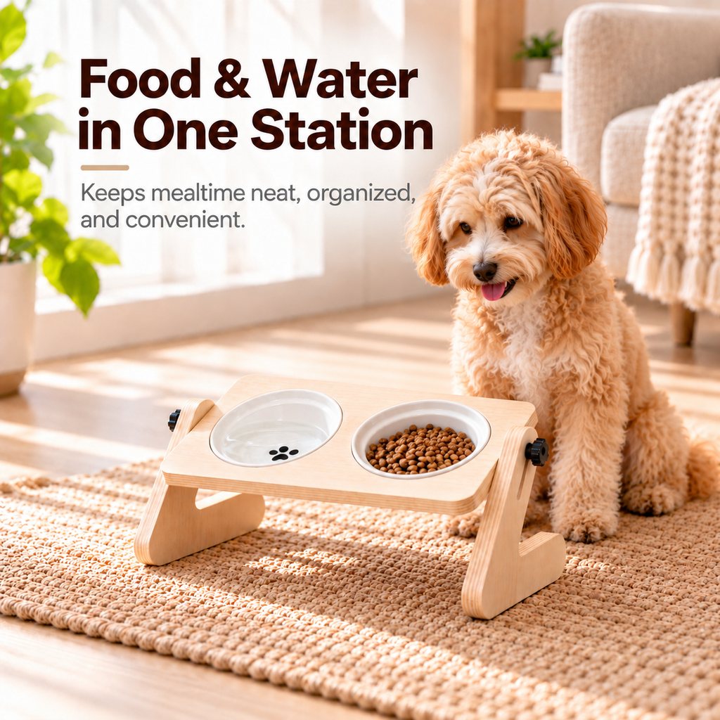 Ortekor Adjustable Wooden Elevated Pet Feeder with Double Ceramic Bowls for Cats & Small Dogs - Comfortable Feeding Station for Home Use