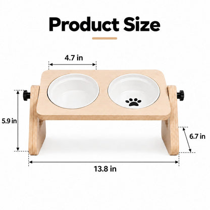 Ortekor Adjustable Wooden Elevated Pet Feeder with Double Ceramic Bowls for Cats & Small Dogs - Comfortable Feeding Station for Home Use