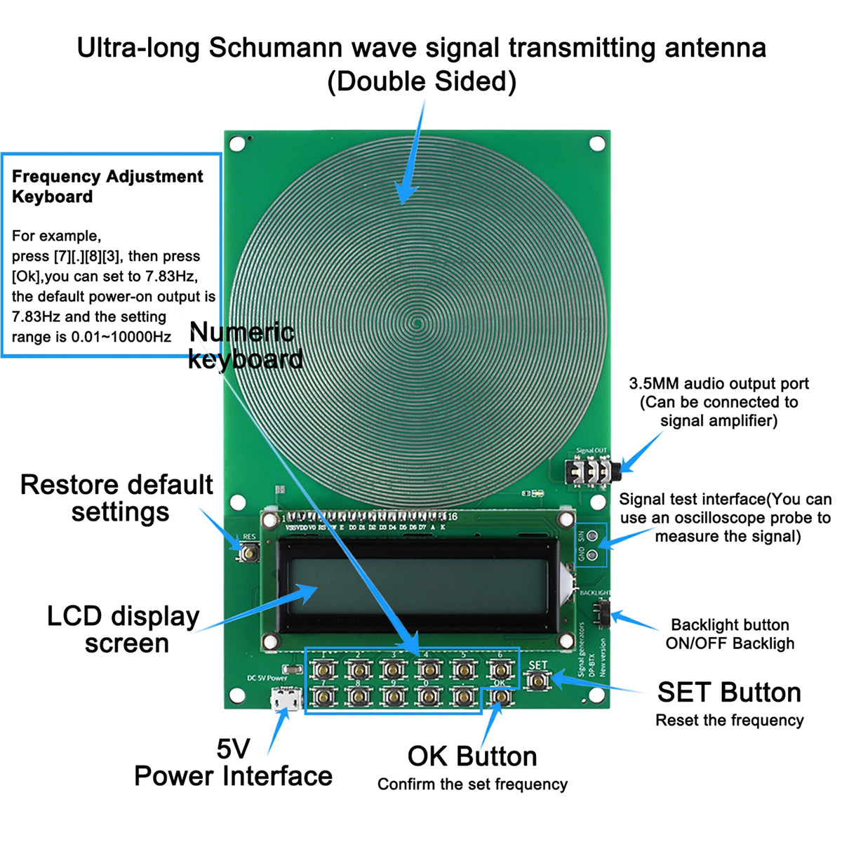Ultra-Low Frequency Sine Wave Signal Generator with 7.83Hz Earth Resonance Preset & 0.01-100,000Hz Range