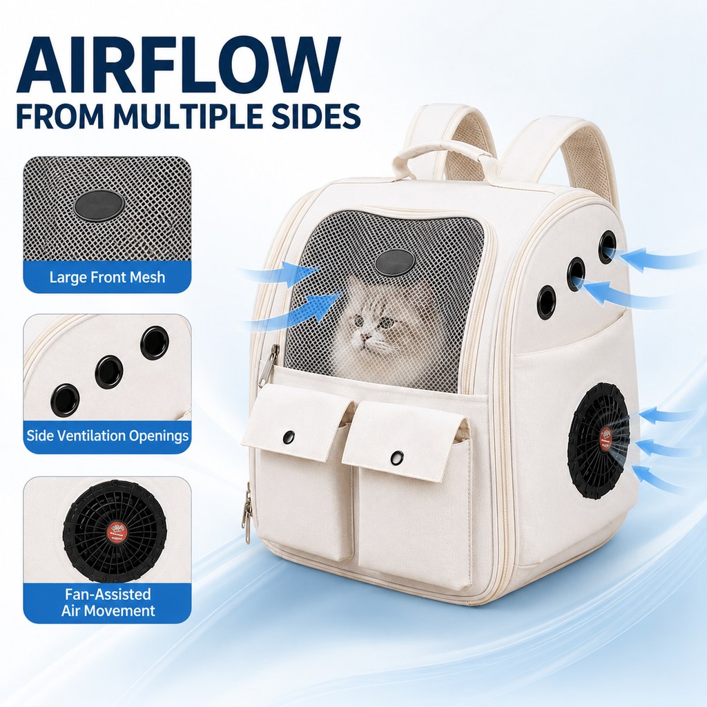 Ortekor USB-Powered Dual-Fan Cat Carrier Backpack for Vet Visits & Everyday Travel - Fan-Assisted Cooling for Less-Stuffy Trips