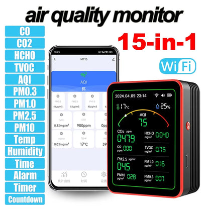 15-in-1 Indoor Air Quality Monitor with WiFi – Real-Time CO2, VOC, Formaldehyde & PM2.5 Detector for Home, Office & Smart Automation