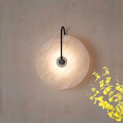 Natural Alabaster LED Wall Sconce – Stone Circle Light with Black or Gold Frame – Warm Glow Accent Lamp for Bedroom Hallway Living Room