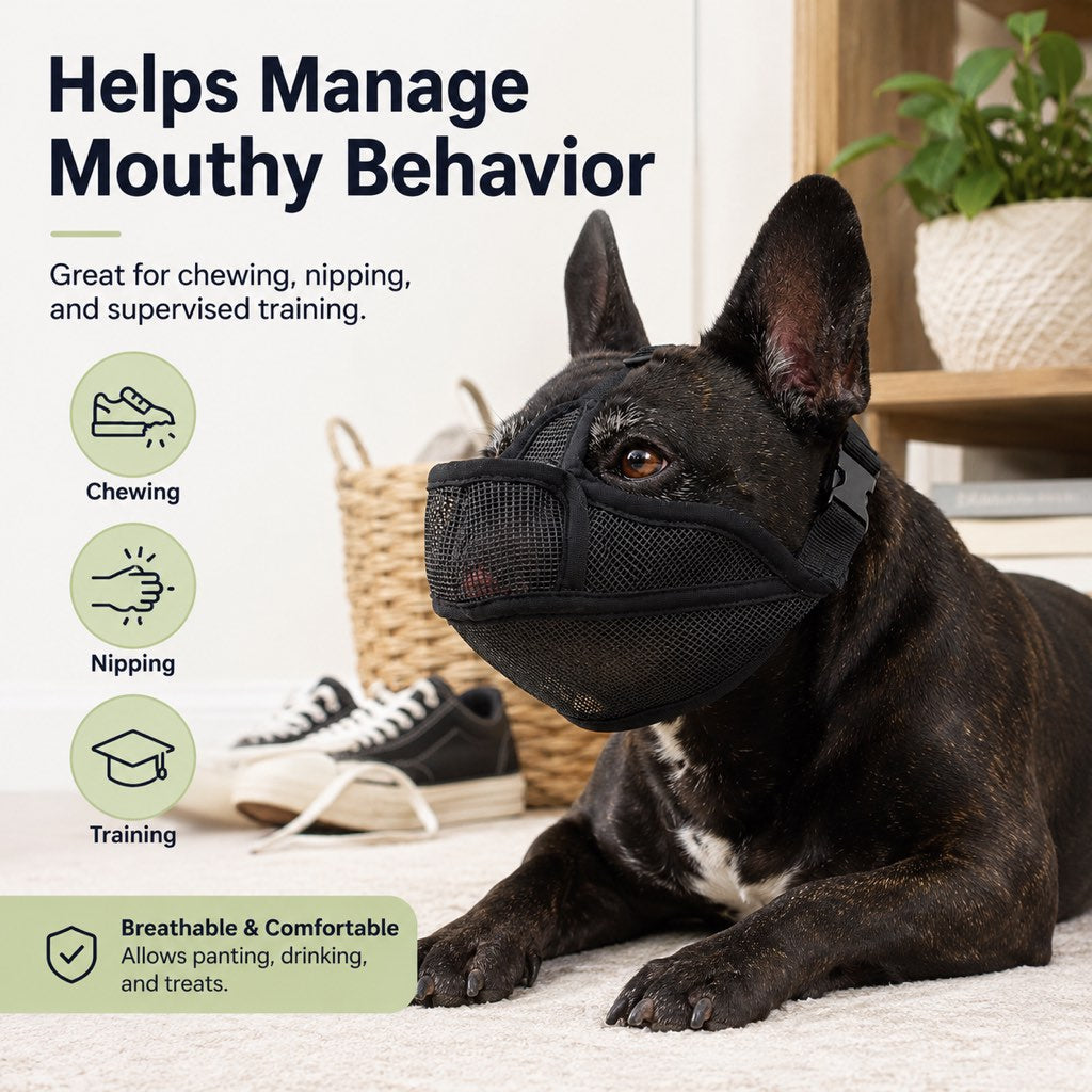 Ortekor French Bulldog Breathable Mesh Muzzle for Walks, Grooming & Scavenging Control - Drink-Friendly Short-Snout Dog Muzzle