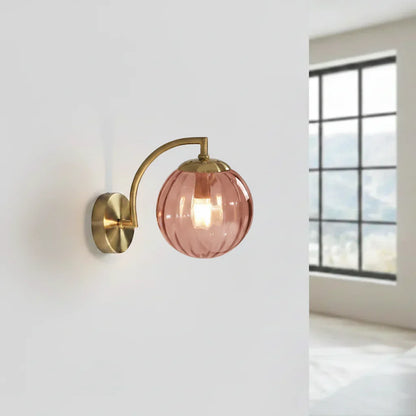Globe Sconce 9-Inch Gold Arm Smoked Ribbed Glass Sphere Fixture Bedroom Beside Reading Light Hallway Entry Art Deco Retro Modern