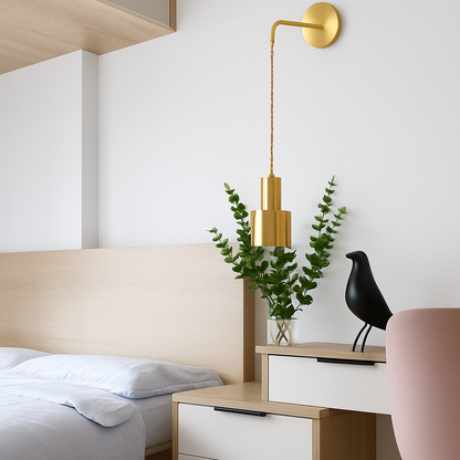 Gold Metal Wall Sconce with Hanging Shade | Modern Iron Fixture for Bedroom, Living Room & Dining | E27 Socket Downlight | Touch Switch
