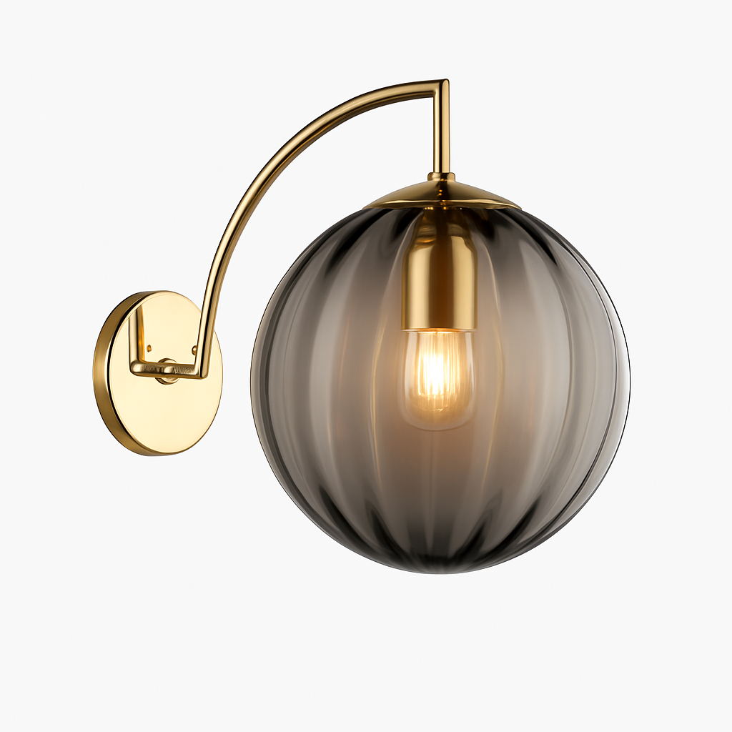 Gold Metal Wall Sconce with Smoked Glass Globe | Modern Wall Light for Living Room Bedroom Bathroom | European Design Wall Mounted Fixture