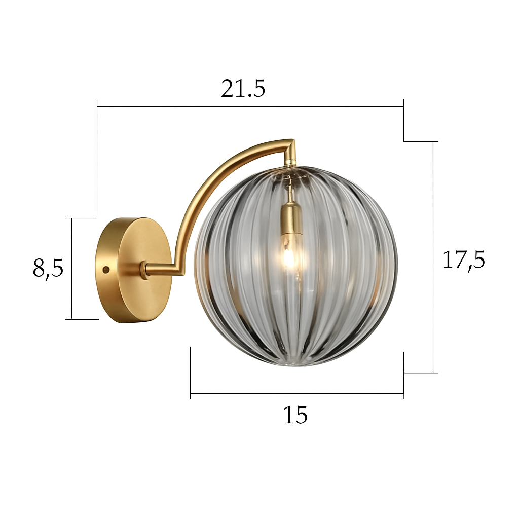 Gold Metal Wall Sconce with Smoked Glass Globe | Modern Wall Light for Living Room Bedroom Bathroom | European Design Wall Mounted Fixture