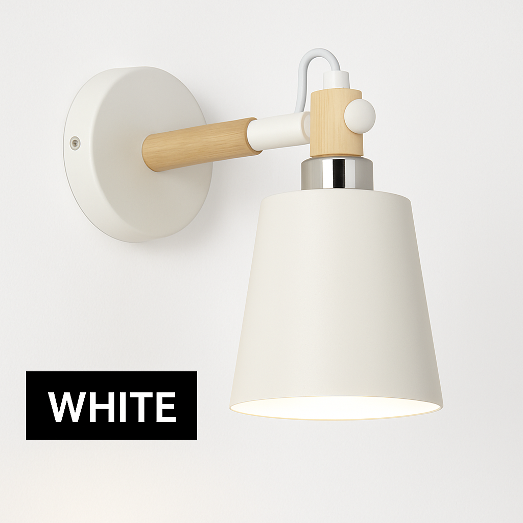 Scandinavian Wood & Metal LED Wall Sconce for Bedroom Living Room Dining Room | Modern Downlight E27 Bulb Included Black White Gray Blue