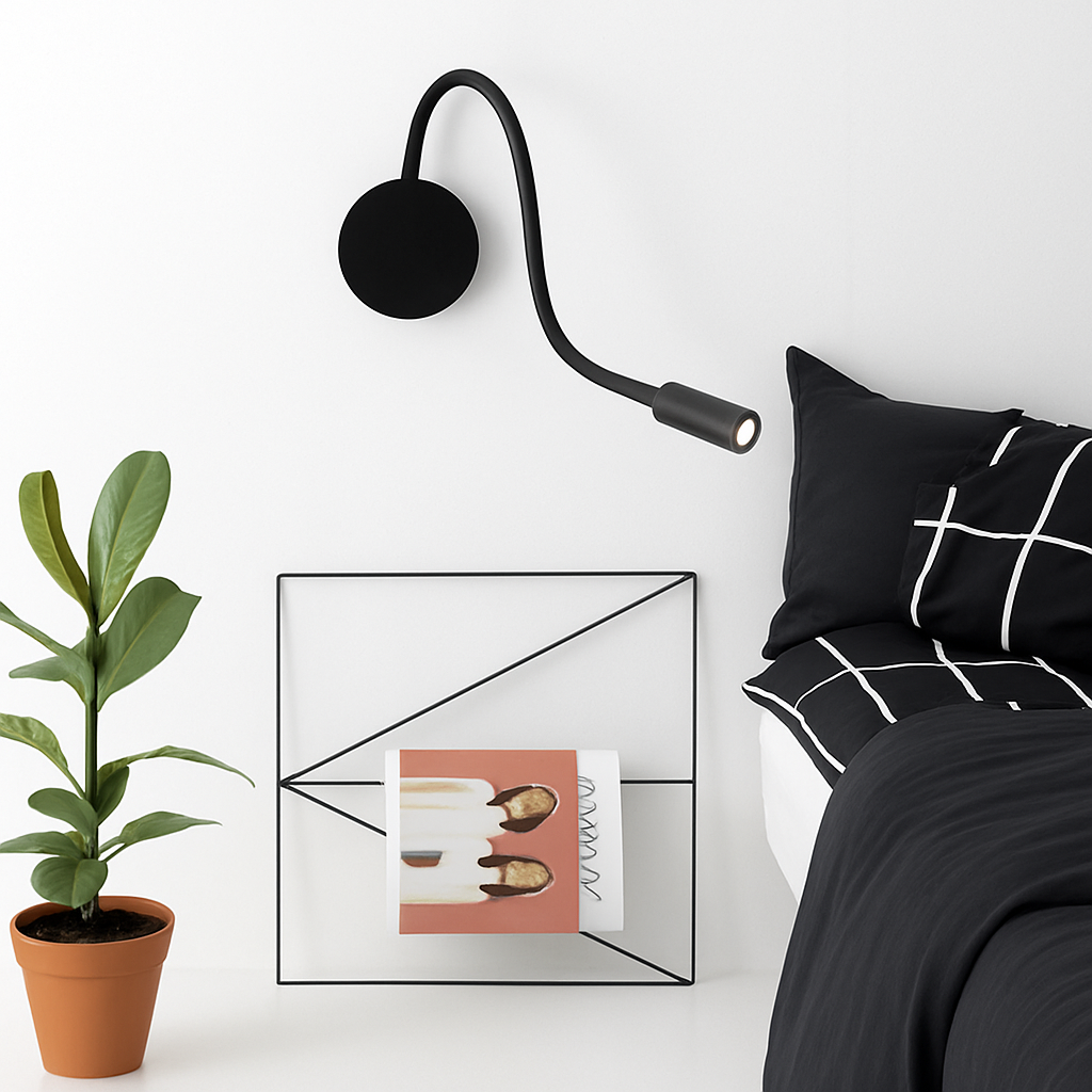 Adjustable Gooseneck LED Wall Mount Reading Light for Bedrooms with Rechargeable Battery Black or White Finish Plug-In or Cordless Nightstan