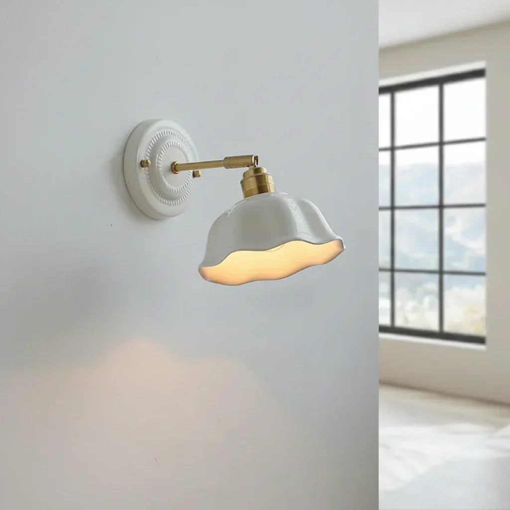 Adjustable Swing Arm Sconce with Porcelain Shade 7 in White & Copper Finish Task Light for Bedroom Nightstand Living Room Wall Accent