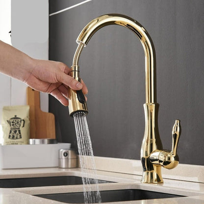 Single-Handle Brass Sink Mixer with Retractable Spray Hose for Kitchen – 17.7 in Height, 360° Swivel Spout, Easy-Install Single-Hole Mount,