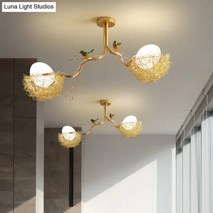 Nature-Inspired Ceiling Pendant Light with Bird Accents & Woven Metal Design — Gold Hanging Fixture for Dining Room, Bedroom, Living Room