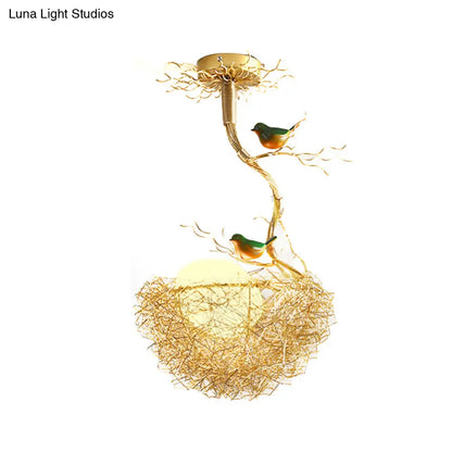 Nature-Inspired Ceiling Pendant Light with Bird Accents & Woven Metal Design — Gold Hanging Fixture for Dining Room, Bedroom, Living Room