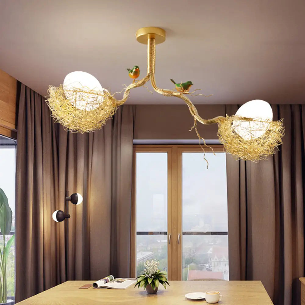 Nature-Inspired Ceiling Pendant Light with Bird Accents & Woven Metal Design — Gold Hanging Fixture for Dining Room, Bedroom, Living Room